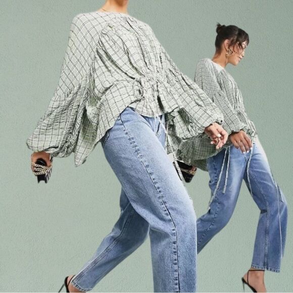 ASOS Edition Smock Top with Gathered Detail in green check plaid size 2 - Picture 8 of 10